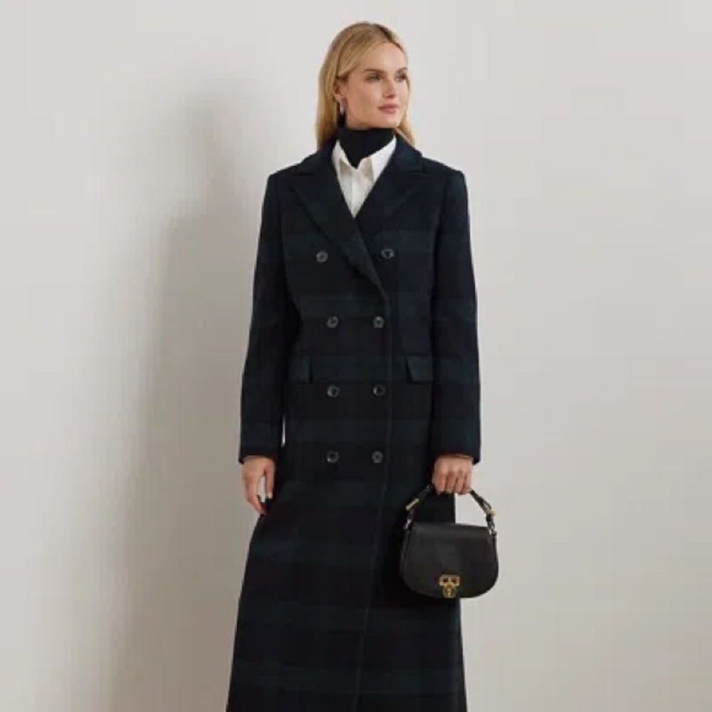 Ralph Lauren Black Watch Plaid Double-Breasted Coat, Size 18